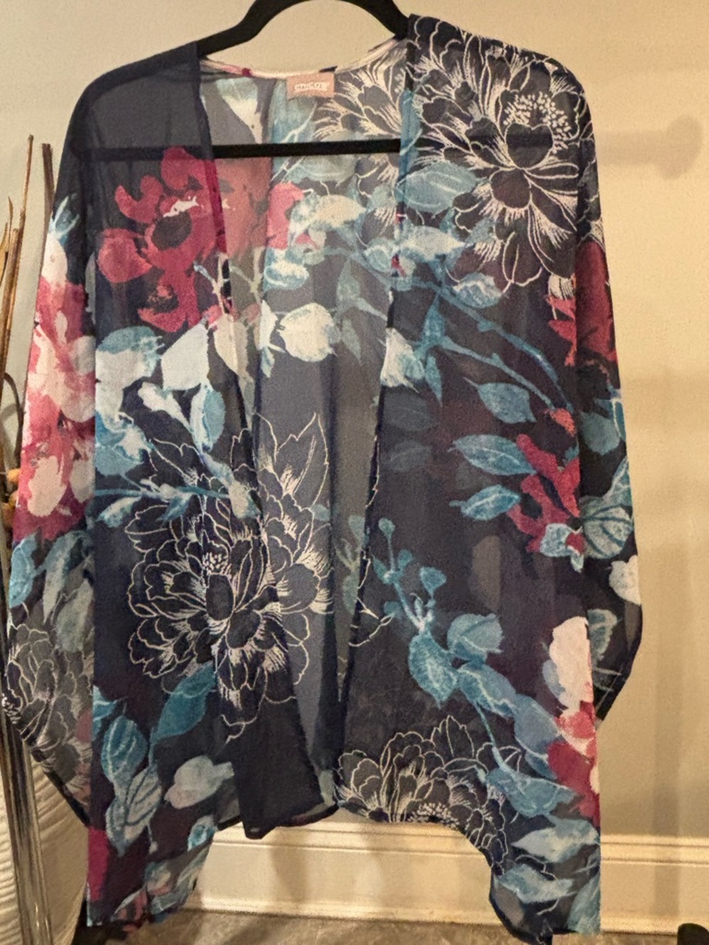 Chico's Sheer Floral Kimono in Navy with Teal & Pink one size - Picture 2 of 6